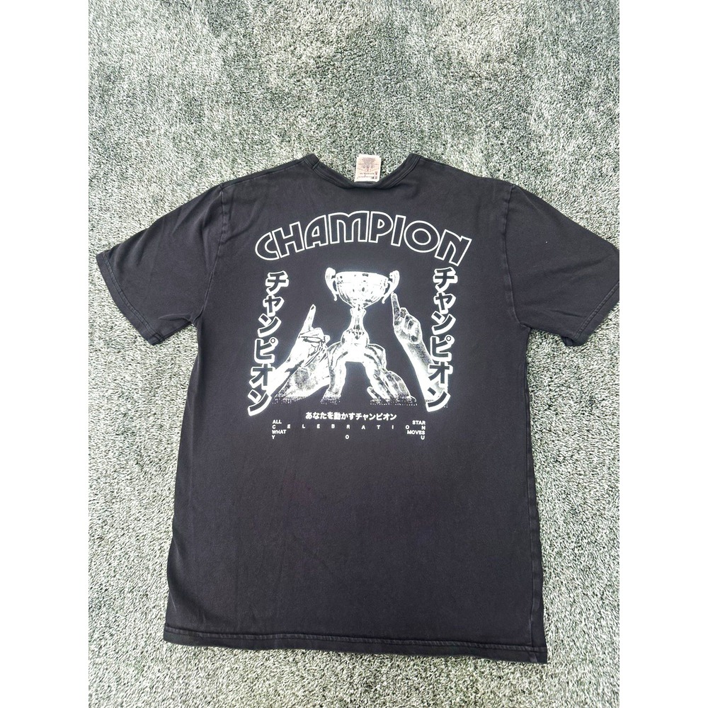 Vintage Champion T Shirt Mens S Faded Black Japanese Graphic Y2K Double Sided